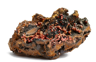 Orange vanadinite on black hollandite